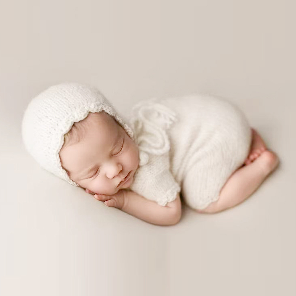 Baby Clothing Newborn - ชุดถ่ายภาพเด็กแรกเกิด ชุดจั๊มสูทเด็ก หมวก ชุดถ่ายภาพ เสื้อผ้าแขนสั้น ชุดรอมเปอร์ไหมพรมขนโมแฮร์สองชิ้น