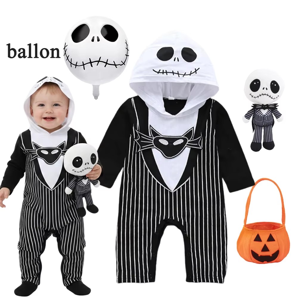 Baby Clothing Newborn - ชุดรอมเปอร์มีฮู้ดสำหรับเด็กผู้ชาย ชุดคอสเพลย์แจ็ค ฮอร์เรอร์ ไนท์แมร์ สำหรับฮาโลวีน ชุดจั๊มสูทสำหรับคริสต์มาส
