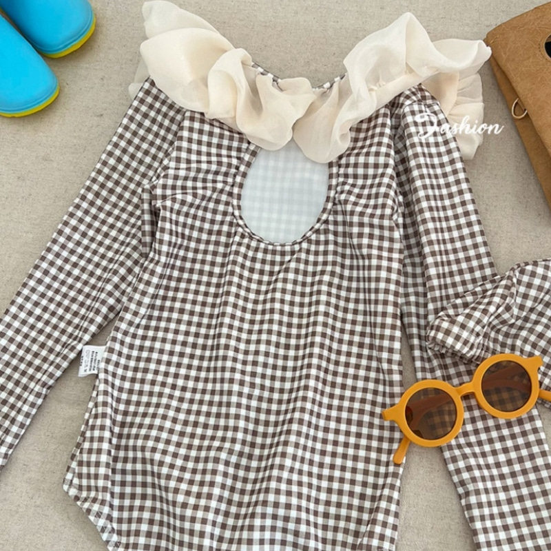 Baby Clothing Hawaii - แฟชั่นเด็กผู้หญิงชุดว่ายน้ํากับหมวกลายสก๊อตเด็ก Ruffle COLLAR ชุดว่ายน้ําชุดว่ายน้ําเด็กว่ายน้ําเสื้อผ้าเด็กฮาวายชุด
