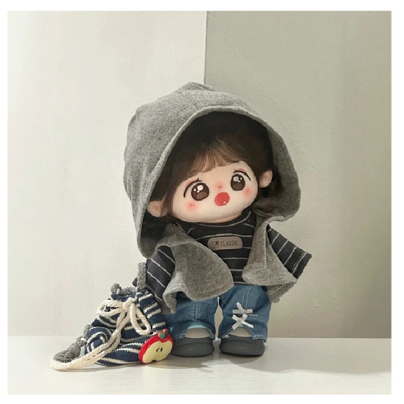 Baby Clothing Neutral - ชุดเสื้อผ้าเด็กคลาสสิกผ้าฝ้าย 20 ซม. เสื้อคลุมมีฮู้ดสีกลาง พร้อมเสื้อลายทาง กางเกงยีนส์