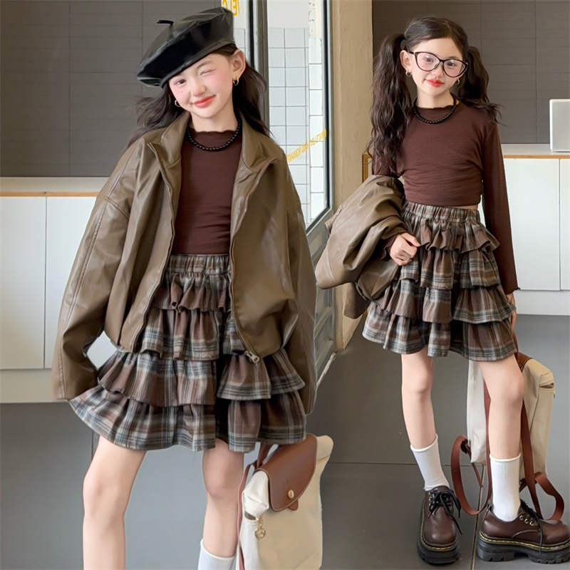 Baby Y2K Clothing - ชุดเสื้อผ้าเด็กผู้หญิง ไซส์ 4-14 ปี เสื้อแจ็คเก็ตหนัง PU